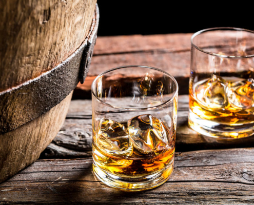 Glass of whiskey in the old cellar